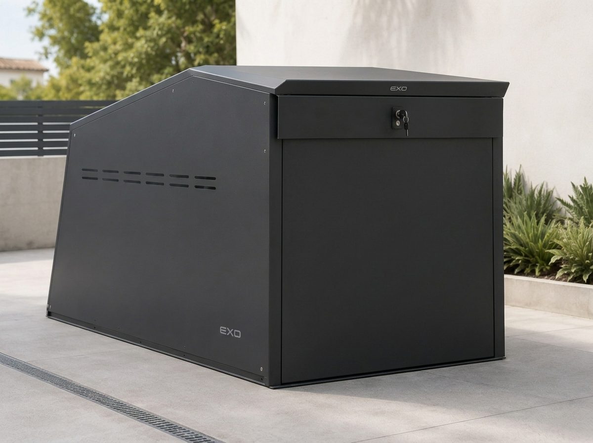 ArmorBox EXO ONE fechada, estrutura autoportante em aço com acabamento antracite texturado